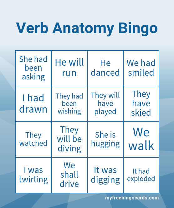 Verb Anatomy Bingo Card